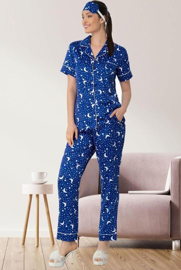 Mecit 5473 Bayan Lacivert Önden Düğmeli Saten Pijama Takımı - Image 1