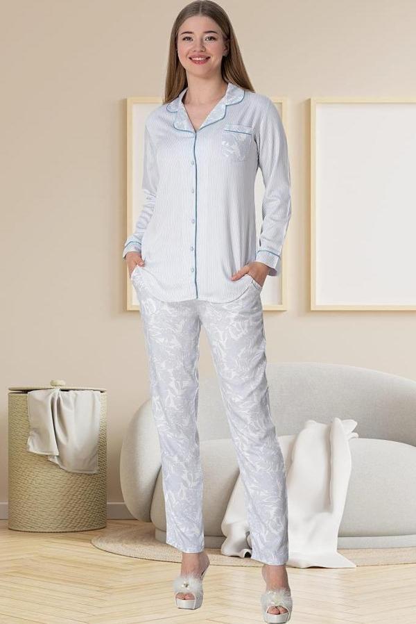 Mecit 5143 Bayan Mavi Boydan Düğmeli Uzun Kollu Pijama Takımı - Image 1