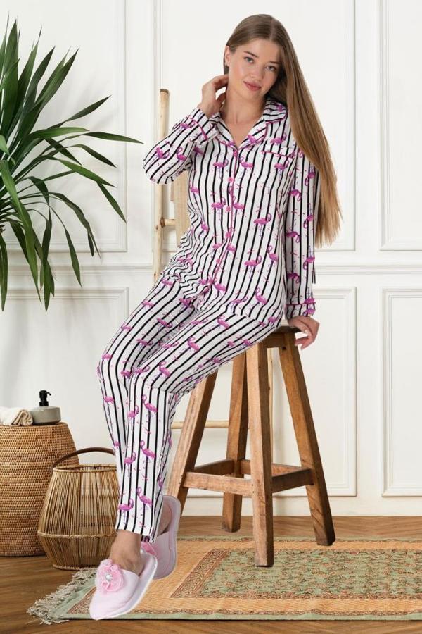 Mecit 5923 Bayan Flamingo Desenli Boydan Düğmeli Pijama Takımı - Image 1