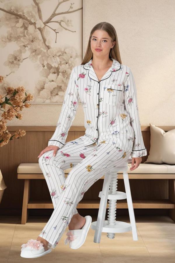 Mecit 5252 Bayan Ekru Boydan Düğmeli Pijama Takımı - Image 1