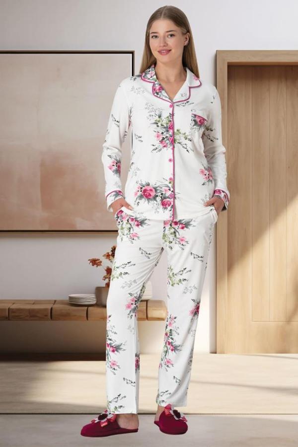 Mecit 5927 Bayan Fuşya Uzun Kollu Boydan Düğmeli Pijama Takımı - Image 1