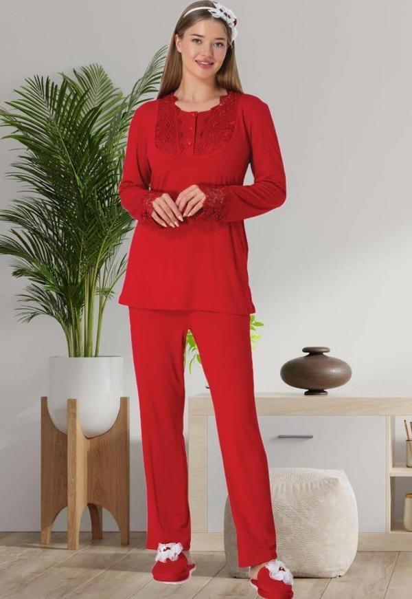 Mecit 5914 Bayan Kırmızı Dantelli Uzun Kol Likralı Pijama Takımı - Image 1