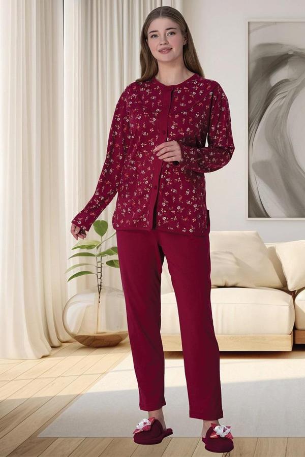 Mecit 6018 Bordo Boydan Düğmeli Büyük Beden Kadın Pijama Takımı - Image 1