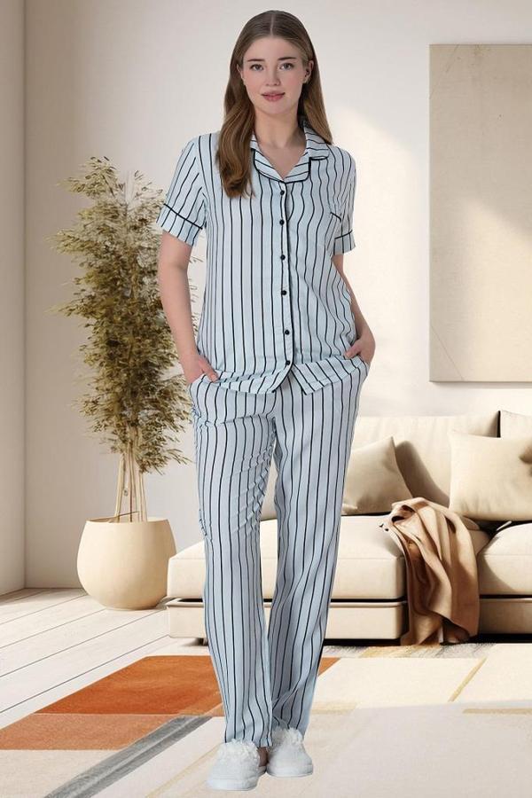 Mecit 6016 Mavi Çizgili Boydan Düğmeli Kadın Pijama Takımı - Image 1