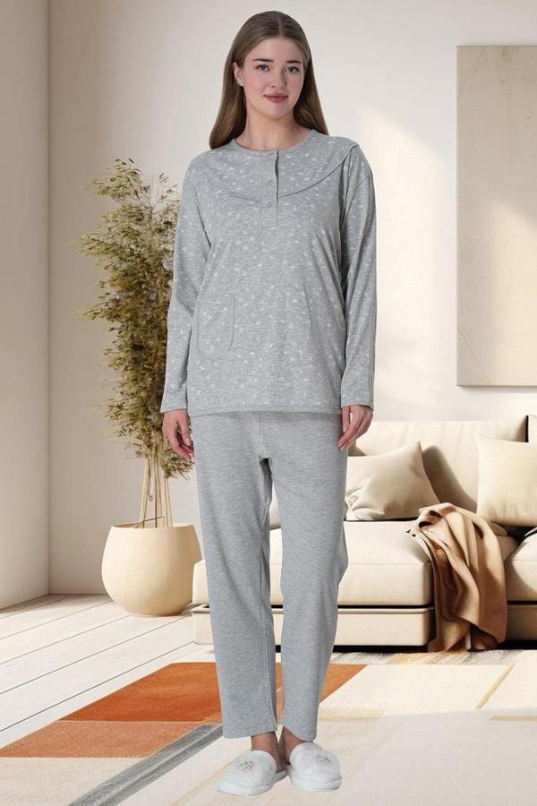 Mecit 6021 Bayan Gri Büyük Beden Uzun Kollu Pijama Takımı - Image 1