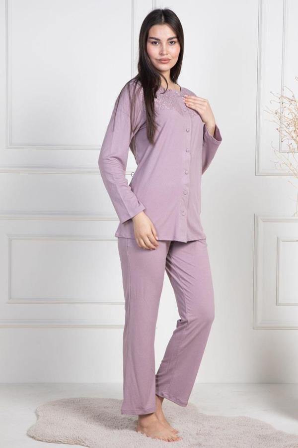 Mecit 6105 Bayan Gül Kurusu Büyük Beden Düğmeli Pijama Takımı - Image 1