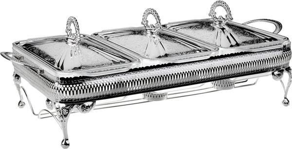 Queen Anne İngiliz Gümüşü Üç Bölmeli Isıtıcılı Yemek Servis 51 x 26 x 18 cm   - Image 1