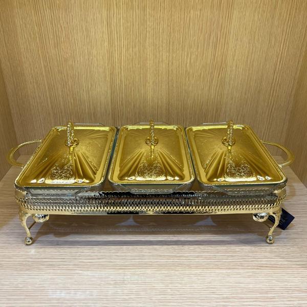Queen Anne Altın Kaplama Üç Bölmeli Isıtıcılı Yemek Servis 51 x 26 x 18 cm   - Image 1