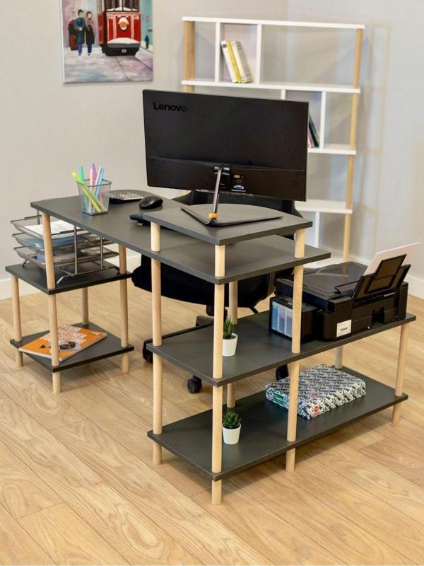 Peka Çalışma Masası 5 Raflı Ahşap Ayaklı Dekoratif Modern Bilgisayar Ofis Masası - Antrasit - Köşe - Image 1