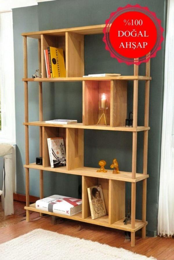 Peka Lüx Naturel Ahşap 5 Raflı Modern Dekoratif Kitaplık Mutfak Rafı Kiler Çok Amaçlı Düzenleyici Raf - Image 1