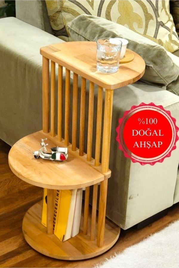 Peka Lüx Naturel Ahşap Yan Sehpa 3 Raflı Yan Sehpa Ahşap Koltuk Sehpası - Image 1