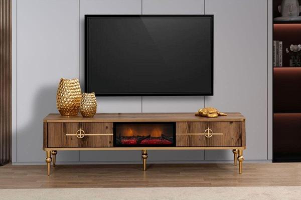 Enrese Asel Çekmeceli Ceviz Gold Şömineli Tv Ünitesi - Image 1