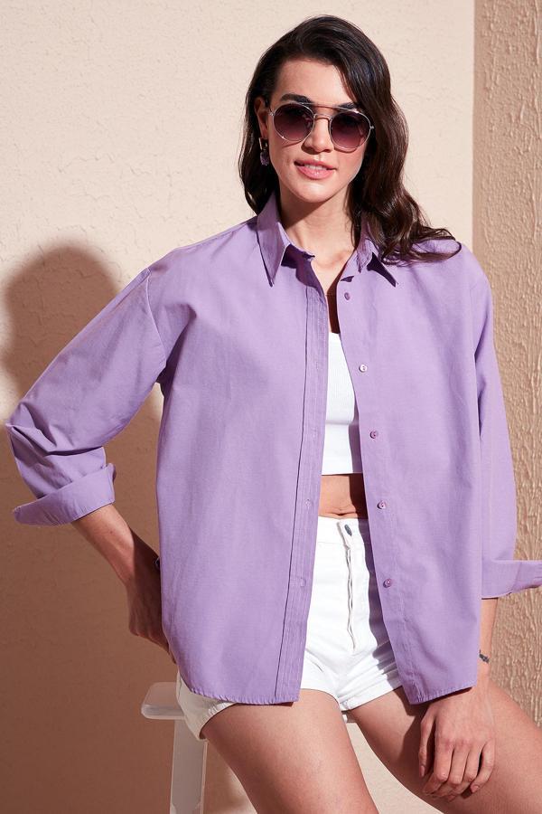 Lela Pamuklu Regular Fit Önü Kısa Arkası Uzun Oval Kesim Bayan Gömlek CF25S163867 LİLA - Image 1