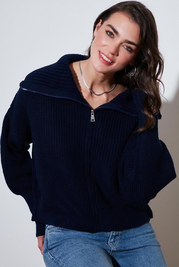 Lela Standart Fit Balon Kol Fermuarlı Selanik Örgülü Bayan Hırka 4615562 LACİVERT - Image 1