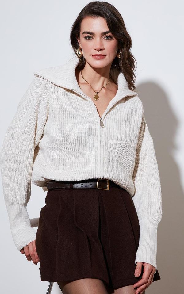 Lela Standart Fit Balon Kol Fermuarlı Selanik Örgülü Bayan Hırka 4615562 TAŞ - Image 1