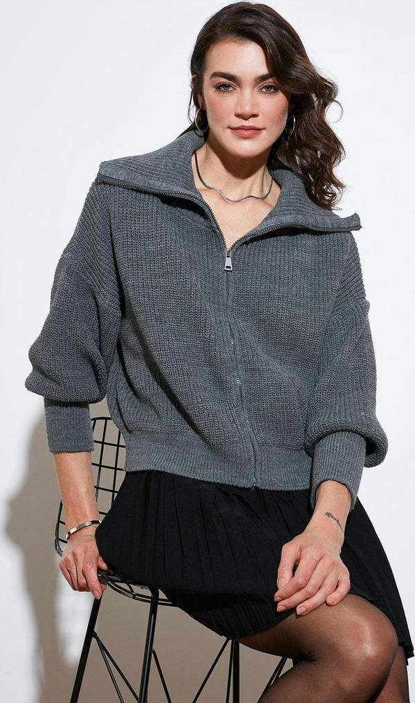 Lela Standart Fit Balon Kol Fermuarlı Selanik Örgülü Bayan Hırka 4615562 ANTRASİT - Image 1