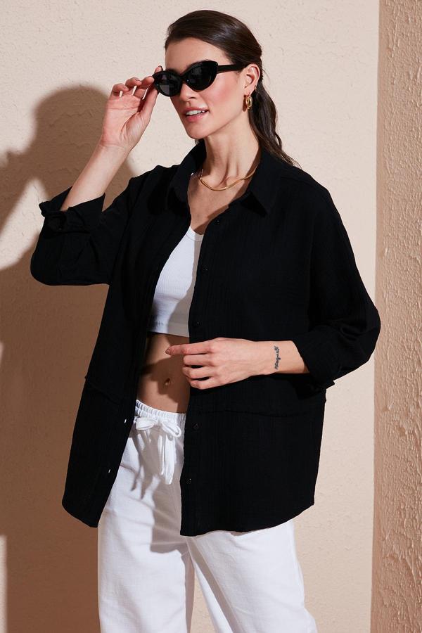 Lela Pamuklu Regular Fit Müslin Bayan Gömlek CF25S166905 SİYAH - Image 1