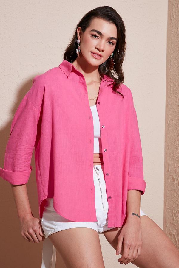 Lela Pamuklu Regular Fit Uzun Kollu Düz Bayan Gömlek CF25S168305 Şeker Pembe - Image 1