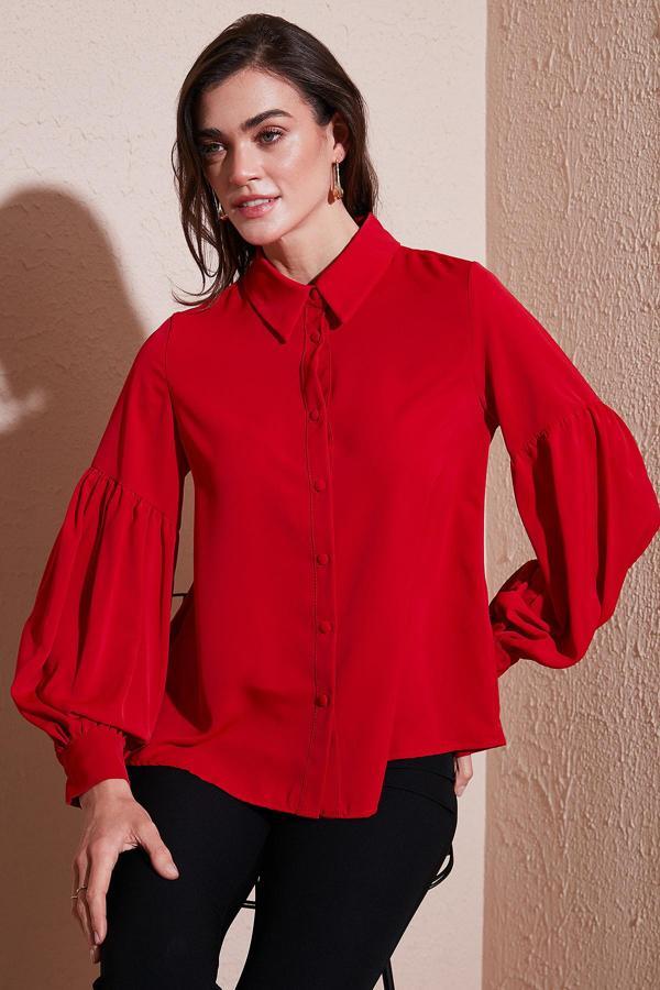 Lela Regular Fit Dikiş Detaylı Düz Yaka Balon Kol Bayan Gömlek 611GO00003 KIRMIZI - Image 1