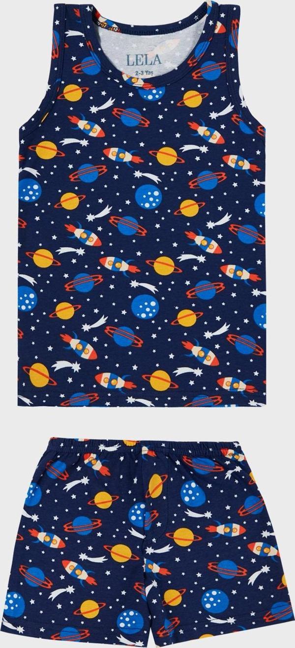 Lela Desenli Streç Pamuklu Bisiklet Yaka Atlet Boxer 2'li İç Giyim Erkek Çocuk Takım 6651010 LACİVERT - Image 1