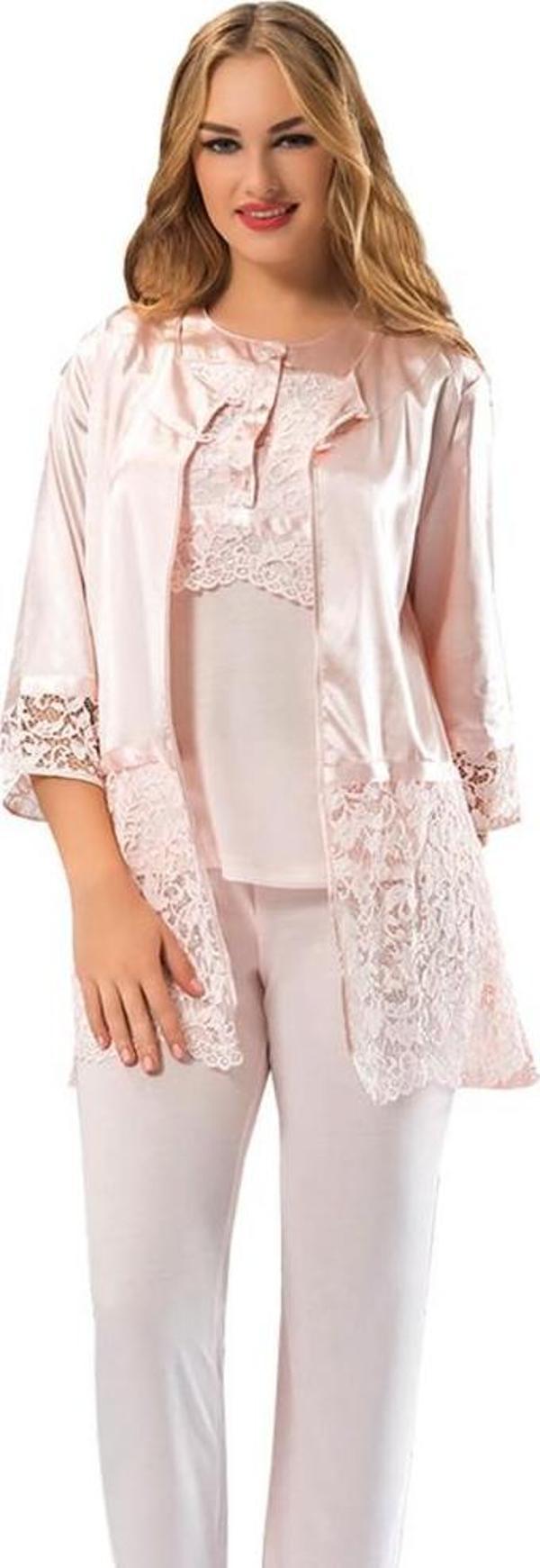 Sistina Bayan Pudra Penye Dantelli Sabahlık Pijama Takımı 1417 - Image 1
