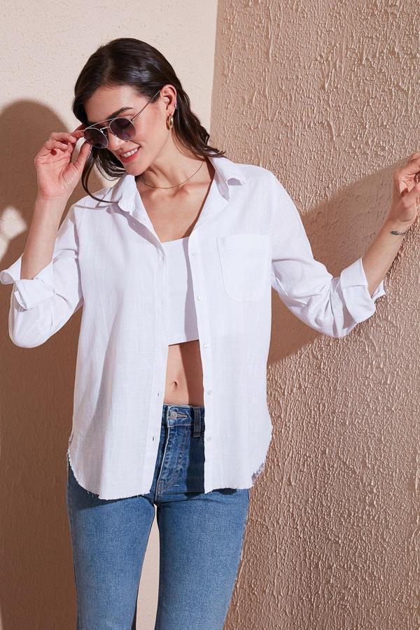 Lela Pamuklu Regular Fit Cepli Bayan Gömlek CF25S16992 BEYAZ - Image 1