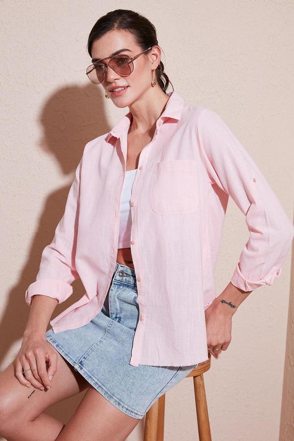 Lela Pamuklu Regular Fit Cepli Bayan Gömlek CF25S16992 AÇIK PEMBE - Image 1