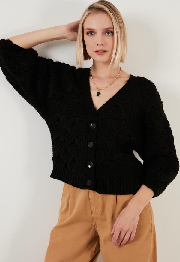 Lela V Yaka Düğmeli Örgülü Triko Bayan Hırka 6310007 SİYAH - Image 1