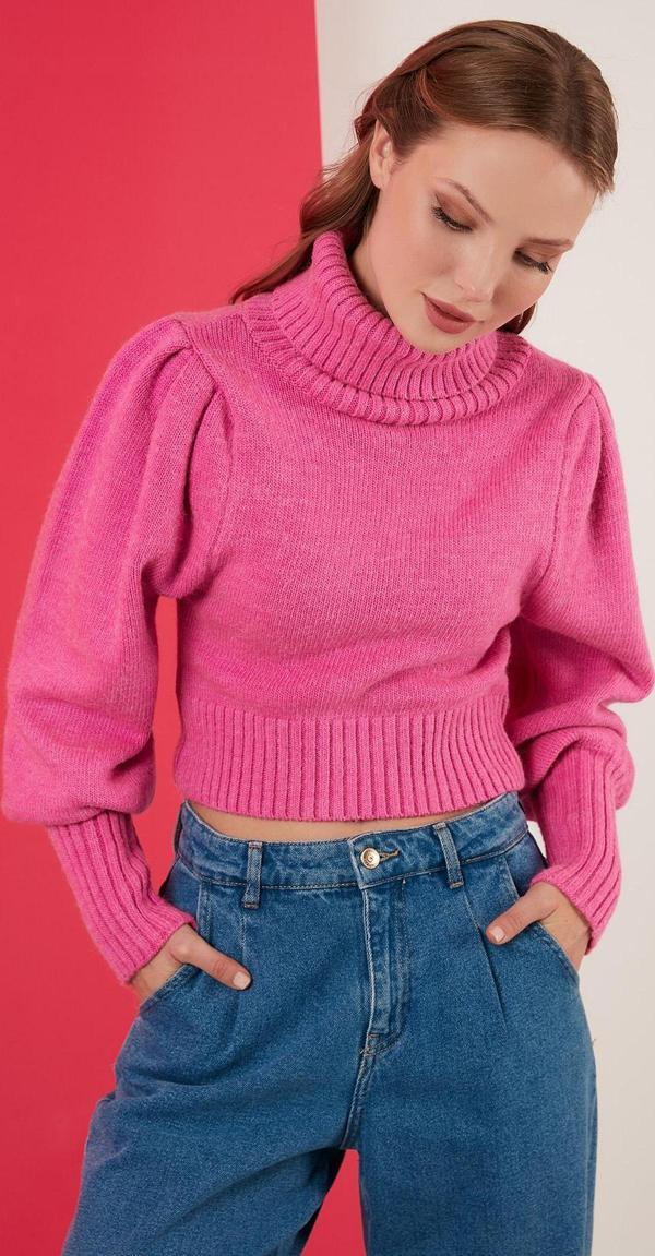 Lela Kol Detaylı Boğazlı Yaka Bayan Kazak 63622534 FUŞYA - Image 1