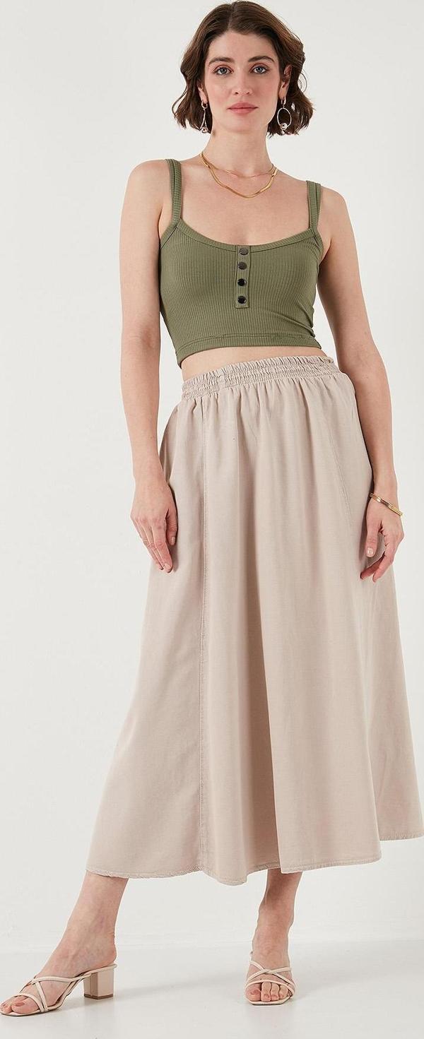 Lela Modest Pamuk ve Keten Karışımlı Yüksek Bel Cepli Uzun Kiloş Tesettür Bayan Etek 668YP4443 TAŞ - Image 1