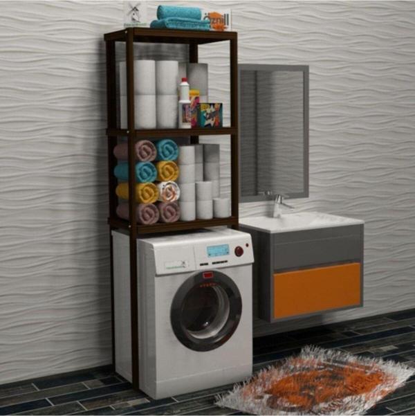 Fokai Wood Qualıty Trıo Dark - 3 Katlı Çamaşır Makinesi Üzeri %100 Ahşap Raf - Image 1