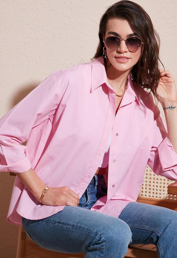 Lela Pamuklu Regular Fit Önü Kısa Arkası Uzun Oval Kesim Bayan Gömlek CF25S163867 AÇIK PEMBE - Image 1