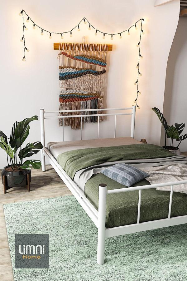 Limni Home 120 Lik Tek Kişilik Metal Karyola Set ( Baza Başlık Yatak ) - Beyaz Beyaz 120x200 cm - Image 1
