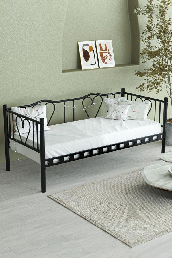 Limni Home Brono Metal Divan, Karyola, Kalp Desenli Siyah 200x95 cm - Image 1