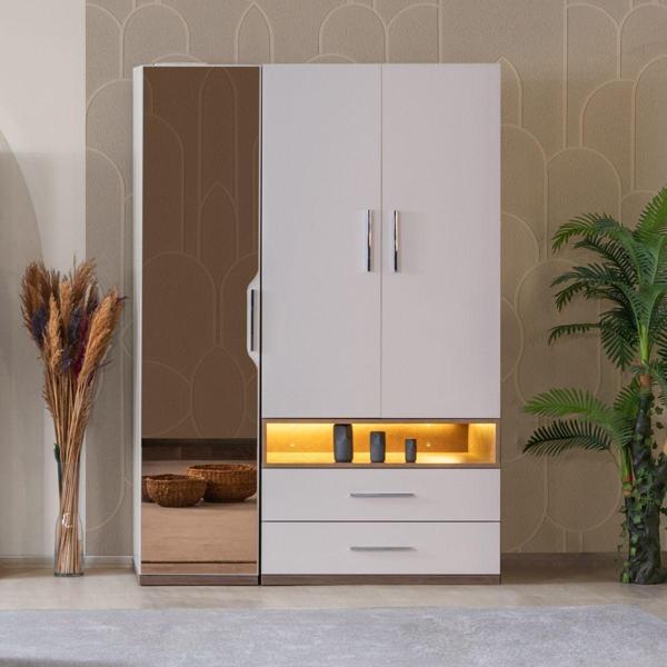 Gardırop, Milano 3 Kapaklı Çekmeceli, Aynalı Dolap - Image 1