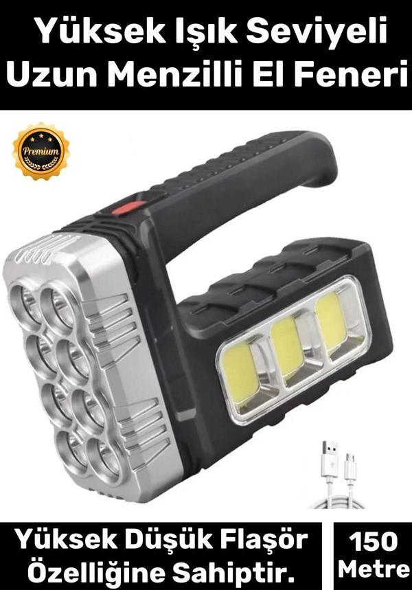 Premium 3 Modlu 150 Metre Mesafeli Işık Usb Şarjlı Solar Panelli Ledli El Fener Aydınlatma - Image 1