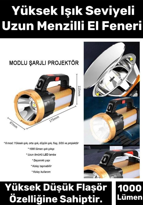 Premium Beyaz Aydınlatmalı 150 Metre Mesafeli 1200 mAh Pil 6 Mod Şarjlı EL Feneri Projektör Tipi - Image 1