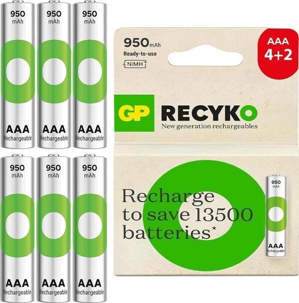 GP Batteries ReCyko 950mAh AAA İnce Kalem 6 Adet Ni-Mh Şarjlı Pil 1.2 Volt - Image 1