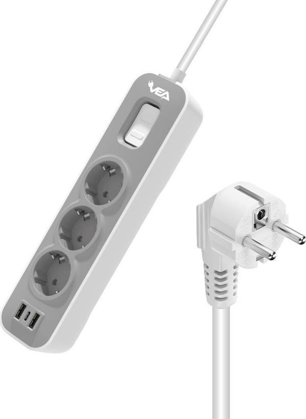 Vea VE-NOVA103U A Class 3'lü 2 Usb'li Anahtarlı 1.5 Metre Akım Korumalı Priz - Image 1