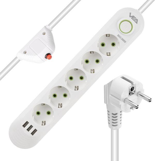 Vea VA-21562 5'li 3 USB'li 1.5 Metre Akım Korumalı Priz Beyaz - Image 1