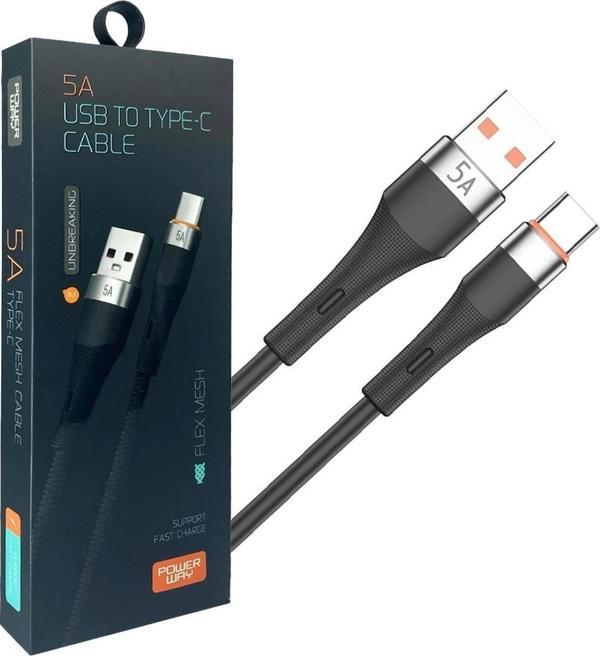 Powerway HC05 Örgülü 5 Amper USB TO Type- C 1 Metre Şarj Data Kablosu - Image 1