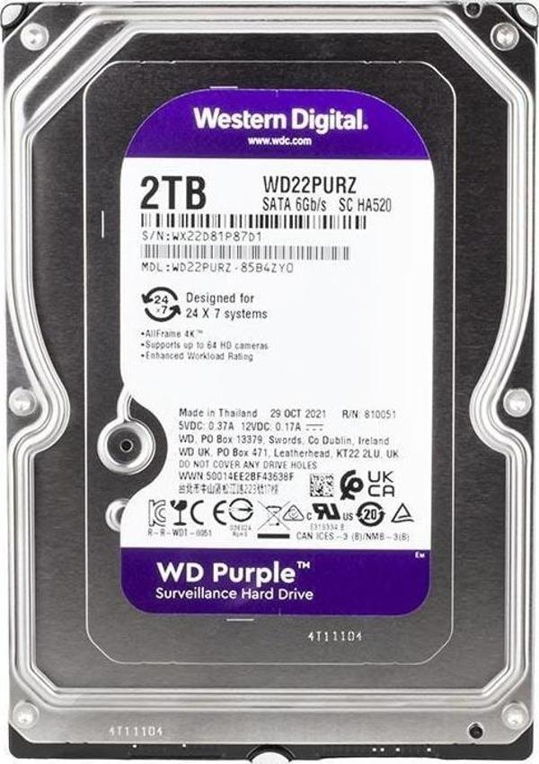 Western Digital Purple WD22PURZ 2 TB Sata 6GB/S 7-24 Güvenlik Harddisk - Image 1