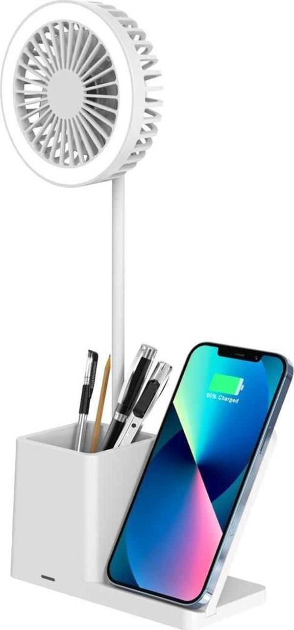 S-link SL-M9055 10 Watt Kablosuz Şarj İstasyonlu Fanlı Kalemlikli Masa Lambası (Beyaz) - Image 1