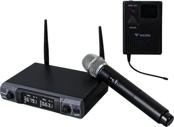 Westa WM-202HT 1 Alıcı + 1 El Mikrofonu +1 Yaka (Lavalier) Kablosuz Uhf Mikrofon Seti - Image 1