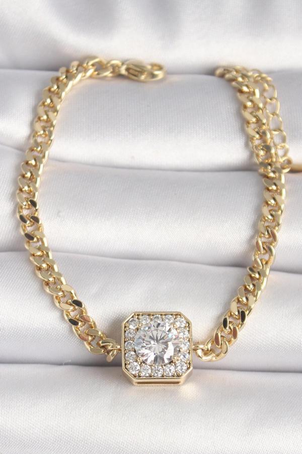 Pirinç Gold Renk Zincir Kare Zirkon Taş Model Xuping VIP Seri Kadın Bileklik - Image 1