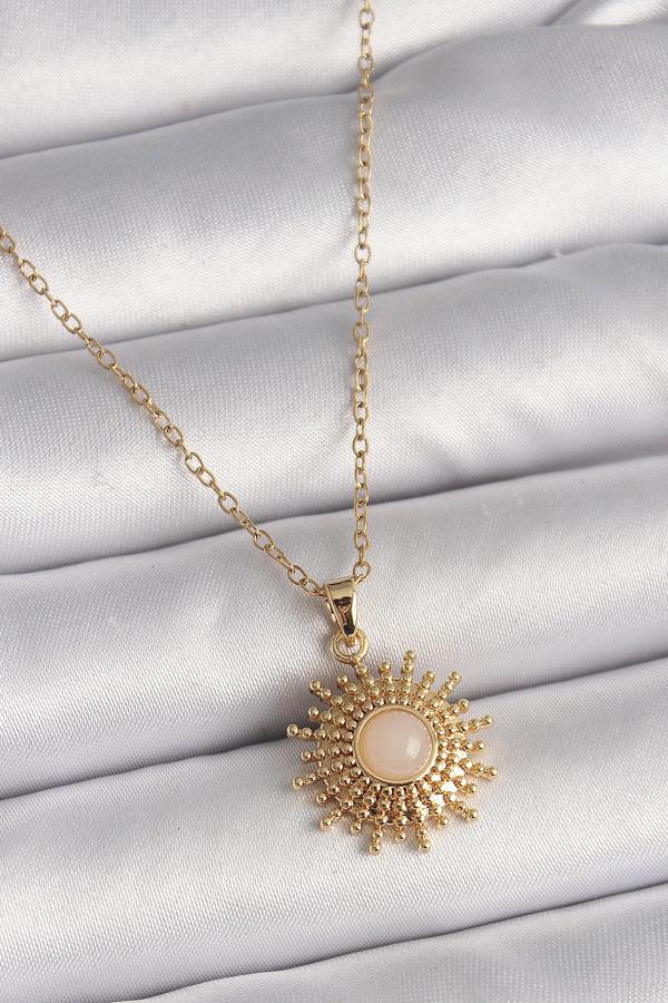 316L Çelik Gold Renk Zincir Beyaz Mineli Güneş Model Kadın Kolye - Image 1