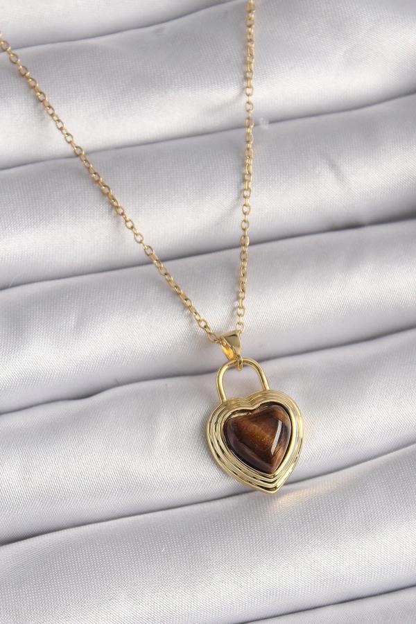 316L Çelik Gold Renk Zincir Kilit Kalp Kehribar Boncuk Model Kadın Kolye - Image 1