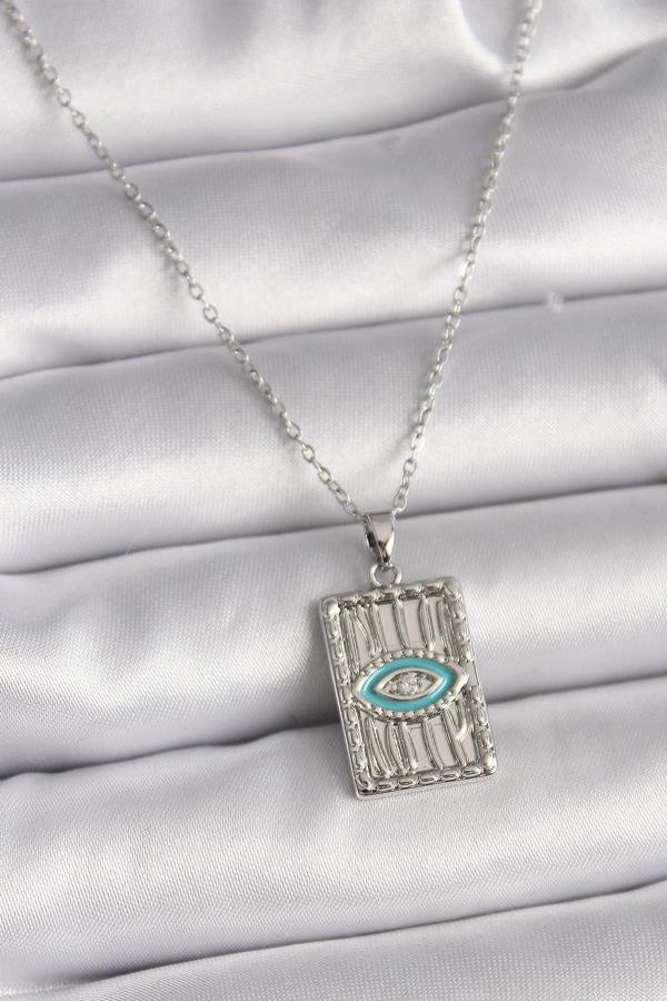 316L Çelik Gümüş Renk Zincir Göz İşlemeli Madalyon Model Kadın Kolye - Image 1