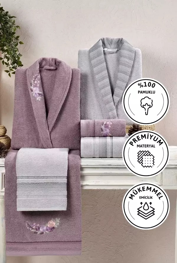 Kristal Soft Cotton Nakışlı 6 Parça Aile Bornoz Takımı - Gri - Leylak - Image 1