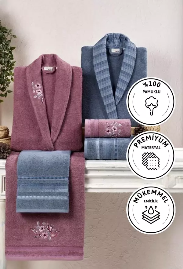 Kristal Soft Cotton Nakışlı 6 Parça Aile Bornoz Takımı - İndigo - Gül Kurusu - Image 1
